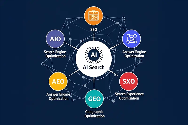 SEO・AEO・GEO・LLMOなどAI検索時代の検索最適化手法のイメージ